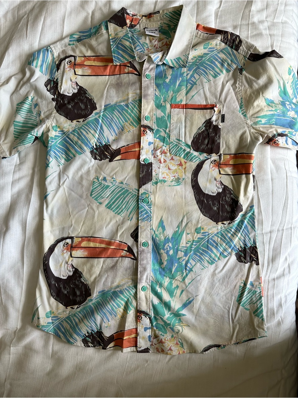Hurley Tropical Toucan Print Short-Sleeve Shirt - White/Teal
